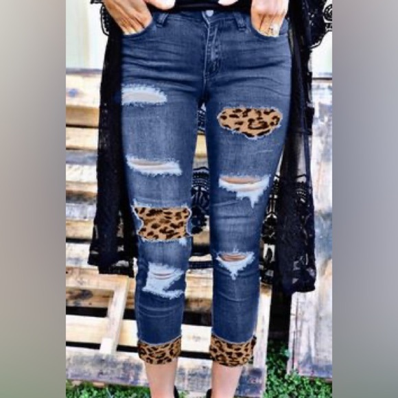 Trendy Distressed Blue Jeans with Leopard Cuffs - Picture 1 of 12